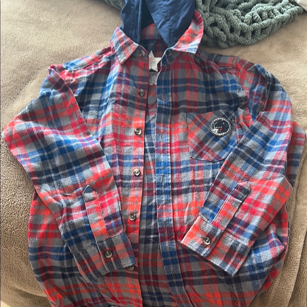 Red and Blue Plaid Flannel Shirt with Hood